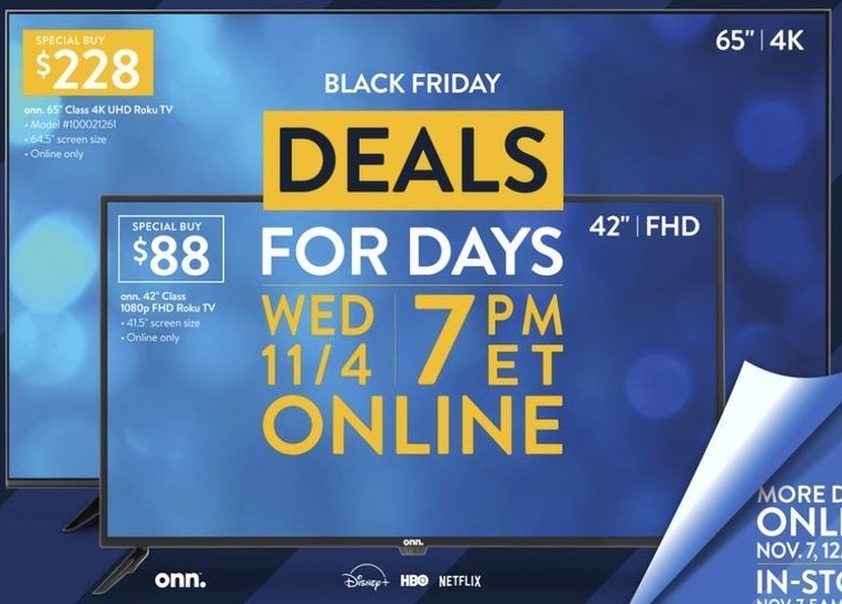 Walmart Black Friday: 65&quot; Onn 100021261 Class 4K UHD Roku Smart TV for $228.00