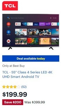 Best Buy Black Friday: 55" TCL 55S434 4K UHD HDR Smart Android LED TV for $199.99