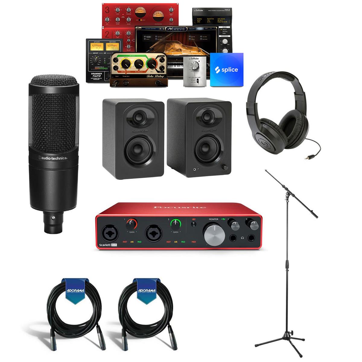 Adorama Recording Bundle - Focusrite Scarlett 8i6 Audio interface, AT 2020 Microphone, 2x Mackie CR3-X3 Monitor Speakers, Mic Stand, 2 XML Cables - $420