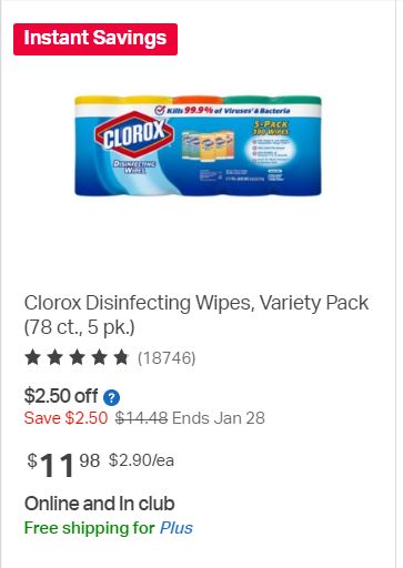5-Pack Clorox Disinfecting Wipes (390 total wipes) at $11.98