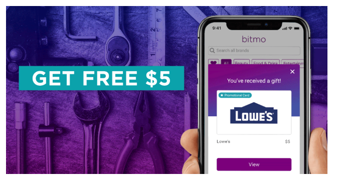 Free $5 Lowe’s card in Bitmo App