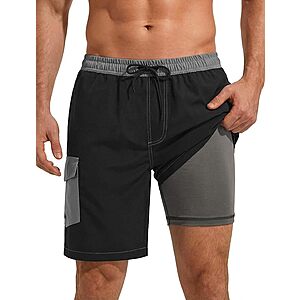 SILKWORLD Men’s 9" Swim Trunks w/ Compression Liner & Zipper Pockets (Various) $9 