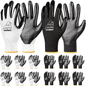 12-Pair toolant Nitrile Coated Work Gloves (White & Black) from