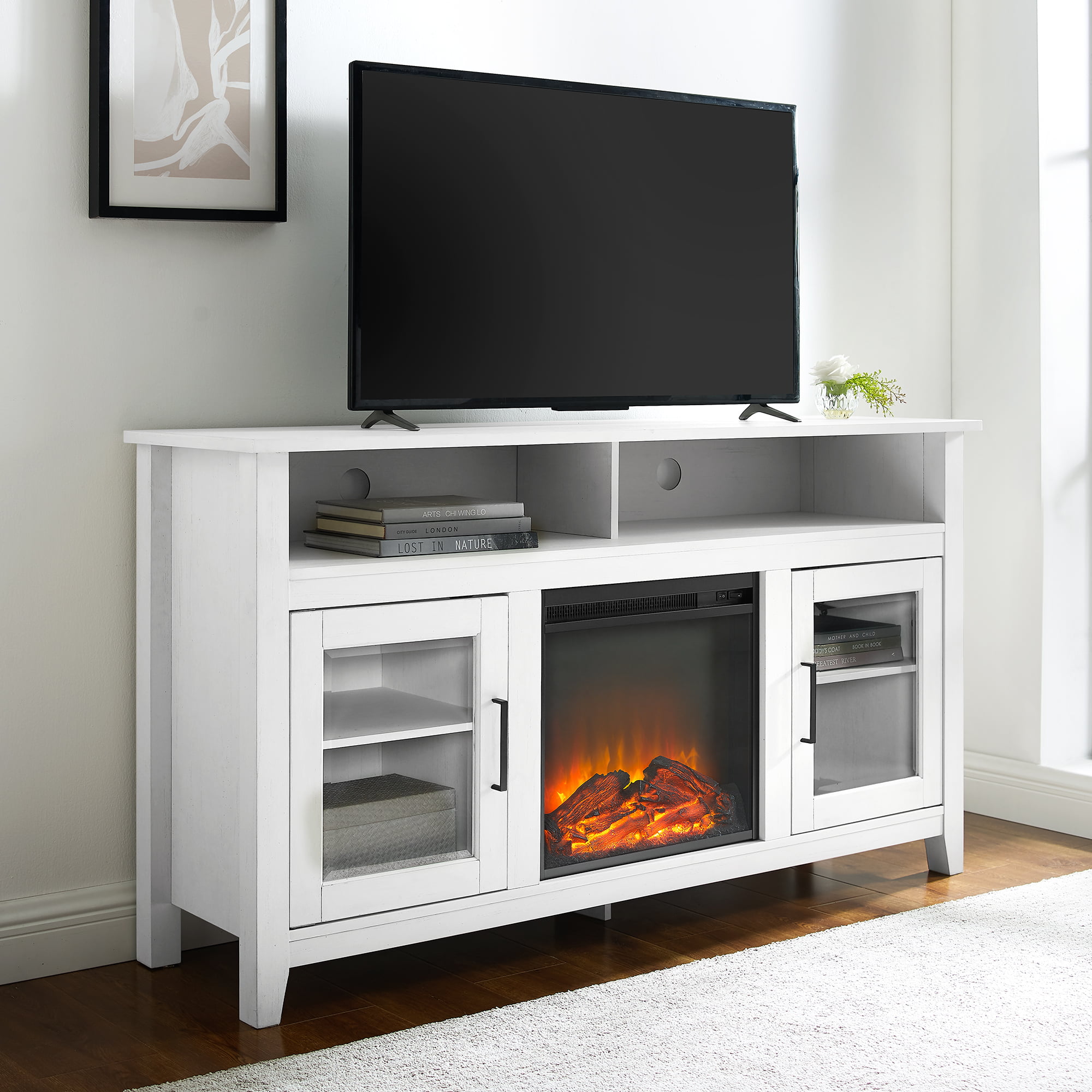 Woven Paths Highboy 2 Door Electric Fireplace TV Stand for TVs up to 65   Brushed White $298