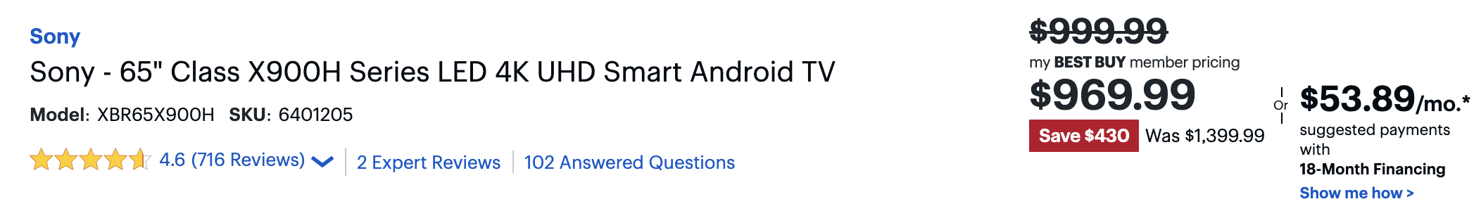 Sony - 65" Class X900H Series LED 4K UHD Smart Android TV (XBR65X900H) - $969.99 for My Best Buy Members