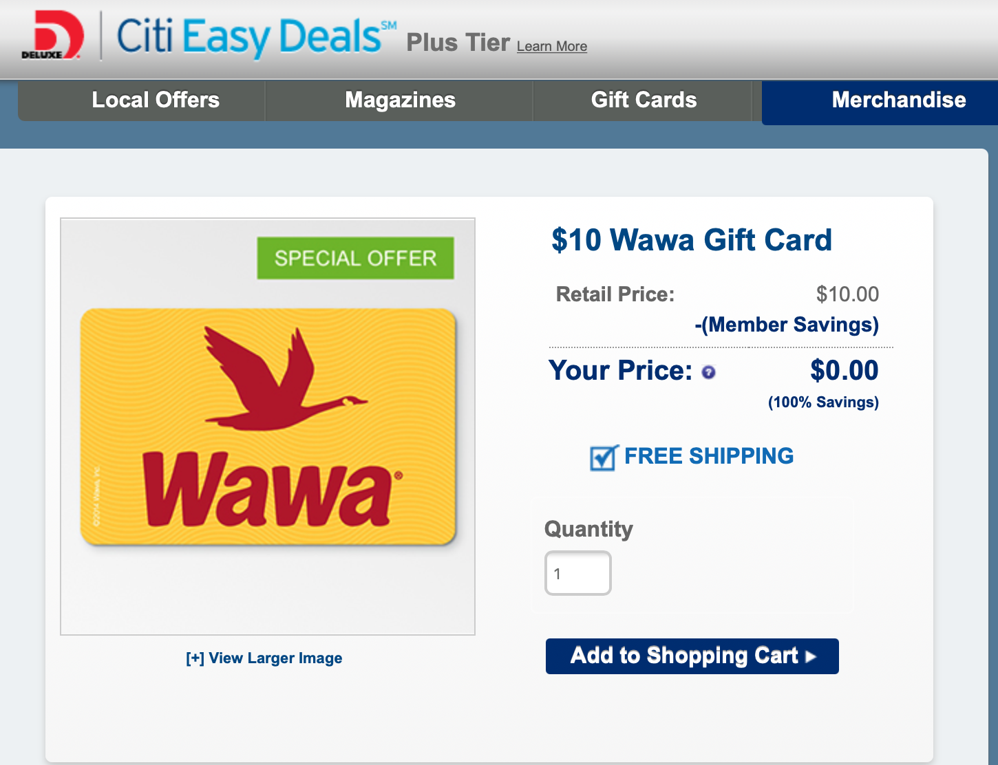 free 10 wawa gift card via citi easy deals ymmv