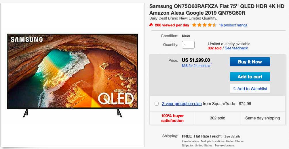 Samsung QN75Q60RAFXZA Flat 75'' QLED HDR 4K HD Amazon Alexa Google 2019 QN75Q60R $1299