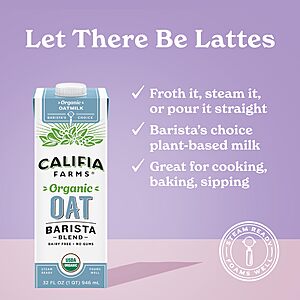 Califia Farms - Oat Barista Blend Oat Milk, 32 Oz (Pack of 6