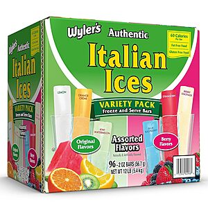 96-Count 2-Oz Wyler's Authentic Italian Ices Freezer Bars (Assorted Flavors) $10