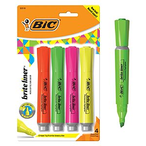 4-Pack BIC Brite Liner Assorted Highlighter w/ Rubber Grip (Chisel Tip) $1.58 w/ S&S + Free Shipping w/ Prime or on orders over $35