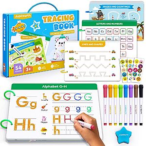 JUPITEARTH 54-pg Reusable Dry-Erase Kids Tracing Book w/ Markers & Stickers