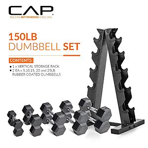 CAP Barbell Rubber Coated Dumbbell Weight Set with Vertical Rack 150 lbs -- Amazon - $150