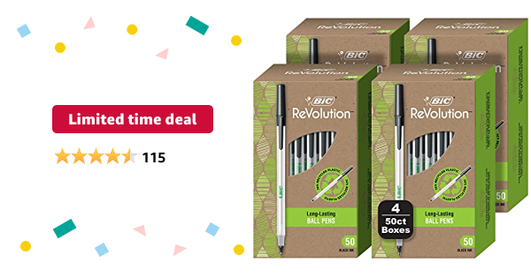 Limited-time deal: BIC ReVolution Round Stic Ball Pen, 74% Recycled Plastic Pen, Black, Medium Point (1.0 mm), 100% Recycled Packaging, 200 Count Pack - $13.50