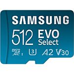 512GB Samsung EVO Select U3 A2 V30 microSDXC Memory Card w/ Adapter $25