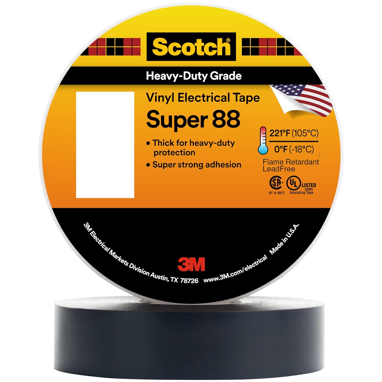 3M Scotch Vinyl Electrical Tape Super 88, 3/4 in x 36 yd (108 ft), Black, 1 Long Roll, Premium Grade, Rubber Resin Adhesive, PVC Backing, All-Season Heavy Duty Electric T - $6.98