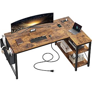 Computer Desk with Storage Shelves & Side Bag, Office Desk with Power Outlets, Small Corner Desk for Small Space Home Office Bedroom, Study Writing Table, Brown $41.39