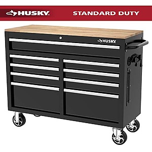 Husky Tool Storage 46 in. W x 18 in. D 9-Drawer Mobile Workbench Cabinet in Gloss Black $298