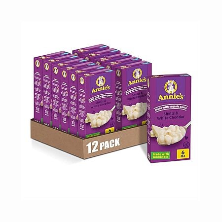 3 Cases - Annie's Shells and White Cheddar, Made with Organic Pasta and Real Cheese, 6 oz (Pack of 12) $18.97