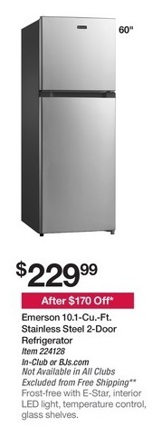 Bjs Wholesale Black Friday Emerson 10 1 Cu Ft Stainless Steel 2 Door Refrigerator For 229 99