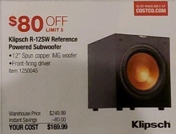 Costco Wholesale Black Friday Klipsch R 12sw Reference Powered Subwoofer For 169 99