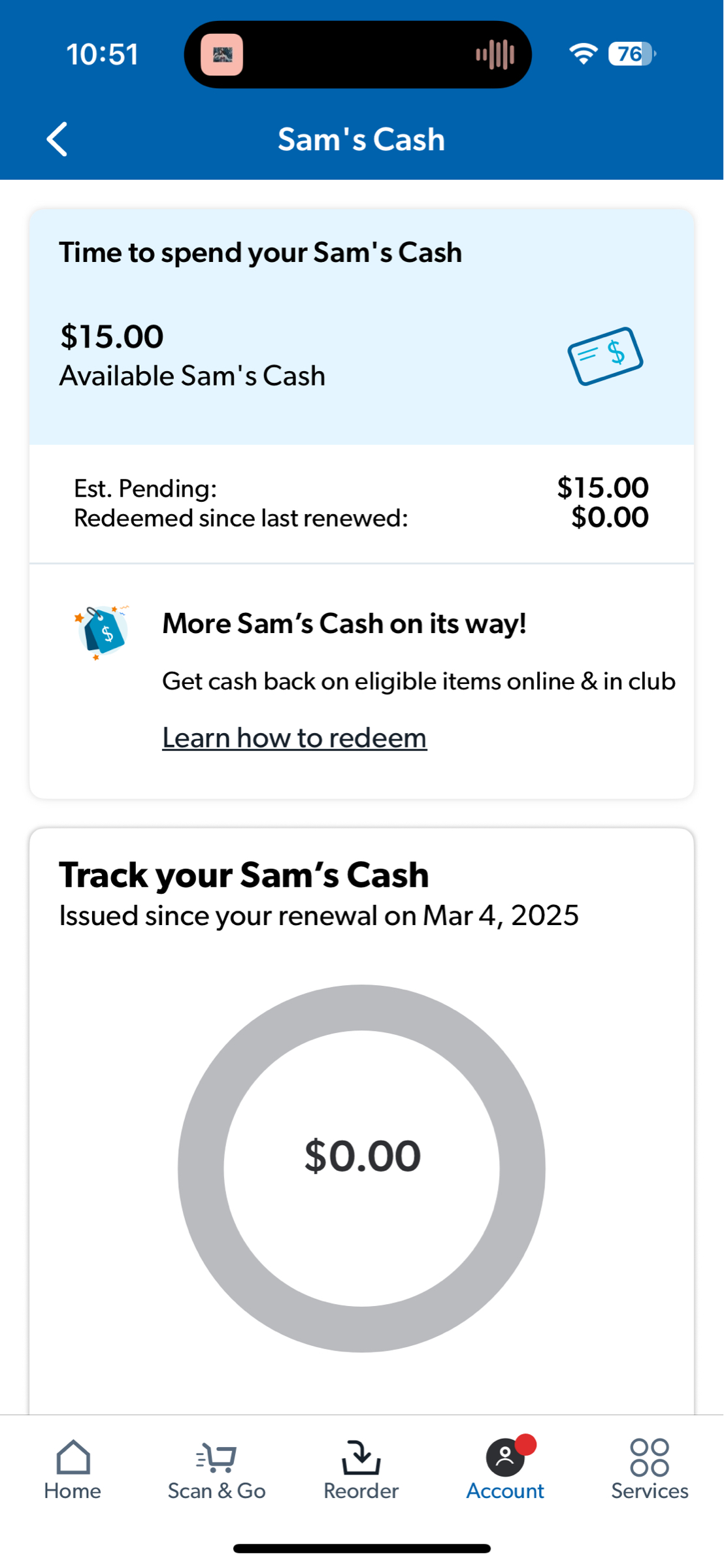 Ymmv $15 Sams Cash on Sams Club account