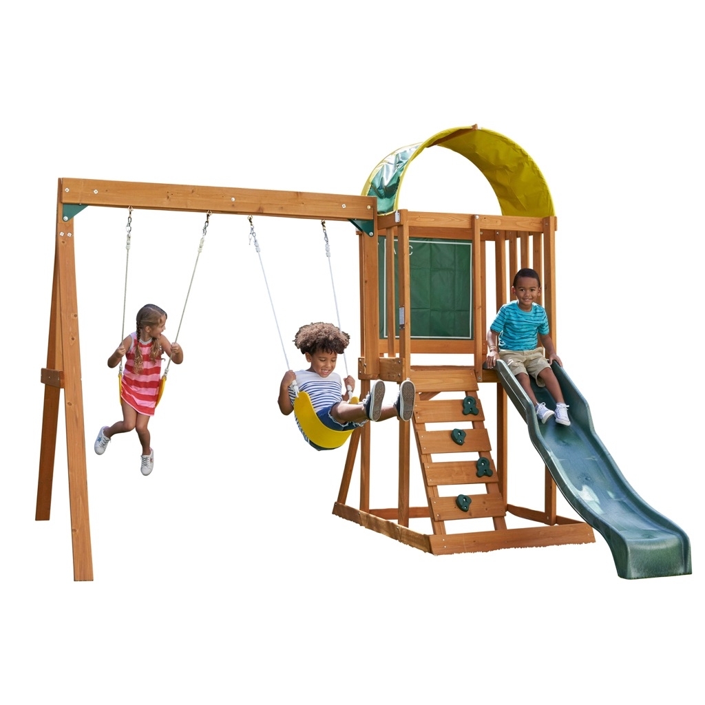 KidKraft Ainsley Wooden Outdoor Swing Set with Slide, Chalk Wall, Canopy and Rock Wall - $279