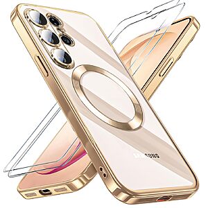 QiiStar for Samsung Galaxy S26 Ultra Case,Clear Magnetic Phone Cases with 2* Screen Protector,[Full Camera Lens Cover] Plating Glossy Silicone Cover | Gold & Black @$2.99