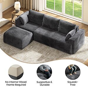 Sikaic 108" Cloud Couch Sectional, L Shaped Convertible Sofa Set with 2 Pillows and 3 Cushions Back, Corduroy Modular Boneless Couch with Ottoman for $224.99