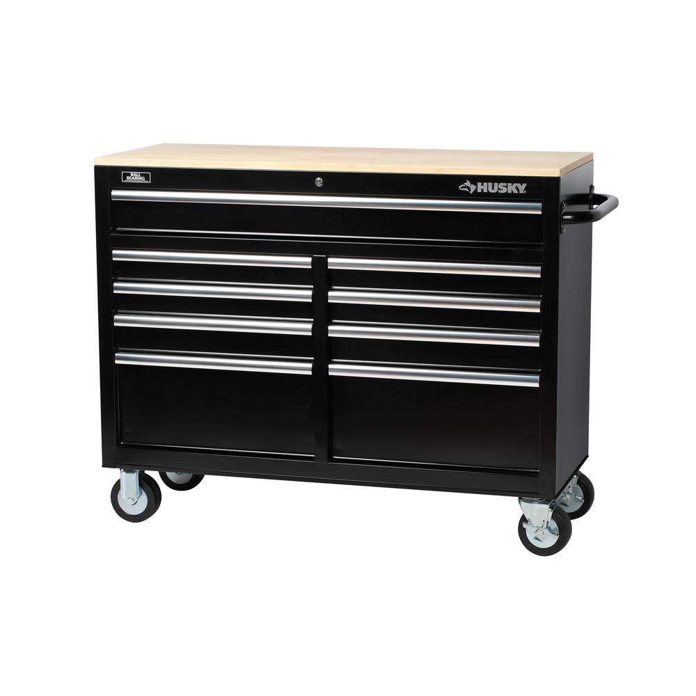 Husky 46 In 9 Drawer Mobile Workbench With Solid Wood Top Black