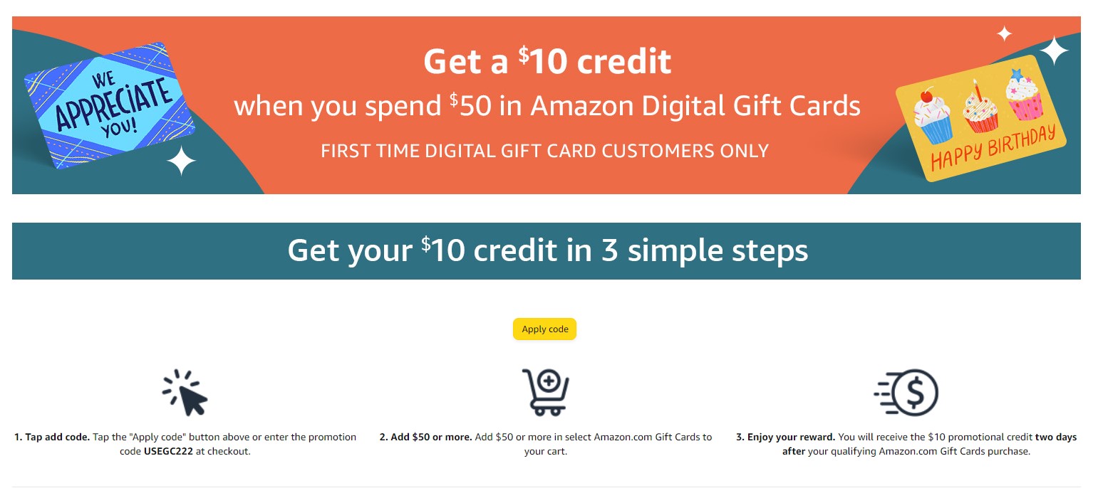 $10 credit for $50 Amazon Giftcard Purchase at Amazon.com - YMMV