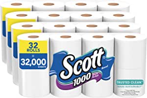 Scott 1000 Trusted Clean Toilet Paper, 32 Rolls (4 Packs of 8), 1,000 Sheets Per Roll $19.19