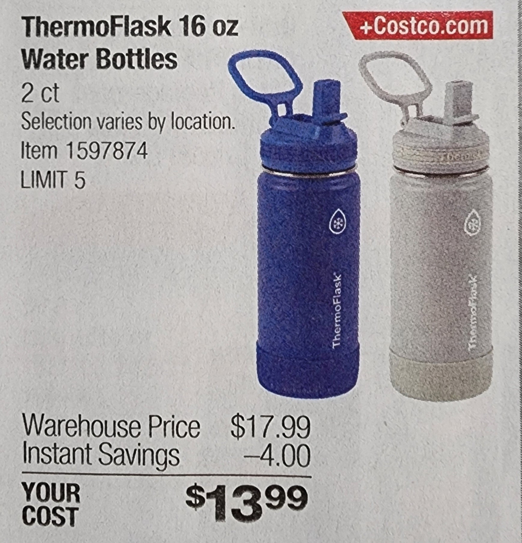 Thermoflask 16 oz. stainless steel water bottle 2-pack @ Costco in