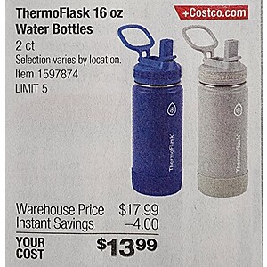 Thermoflask 16 oz Stainless Steel Insulated Water Bottles, 2 Pack (White)