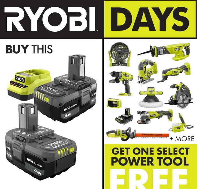 2Pack Ryobi One+ 18V 4.0 Ah Battery/Charger Kit + 1x Select Free Ryobi