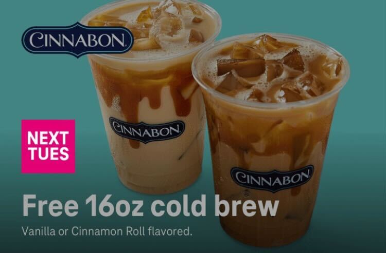 T-Mobile Tuesday App Offer: FREE 16oz. Cinnabon Cold Brew Iced Coffee (Vanilla or Cinnamon Roll Flavor) *Offer starts October 11, 2022*