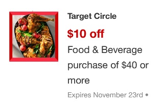 Target Circle Offer: $10 Off $40+ Food & Beverage Coupon via Target (Valid thru 11/23 / YMMV)