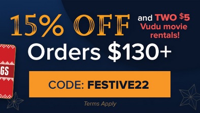 VUDU eGift Card Offer: 15% Off $130+ eGift Cards + 2x Free $5 VUDU Movie Rental for $110.50 (or 10% Off $60+) via VUDU