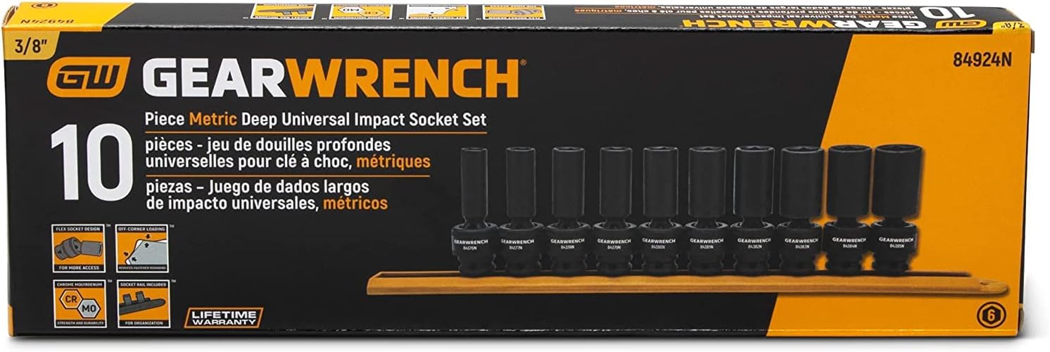 10Piece GearWrench 3/8" Drive 6Point Deep Metric Swivel Impact Socket Set
