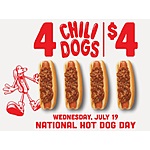 National Hot Dog Day Offers: Wienerschnitzel Original Chili Dogs 4 for $4 &amp; More (Valid 7/19 at Participating Locations)
