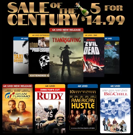 Sony/Columbia Pictures Sale of the Century Digital Films (4K/HD): 5 for $14.99: Gran Turismo, Thanksgiving, The Evil Dead (1981), American Hustle, Taxi Driver, Whiplash & Many More