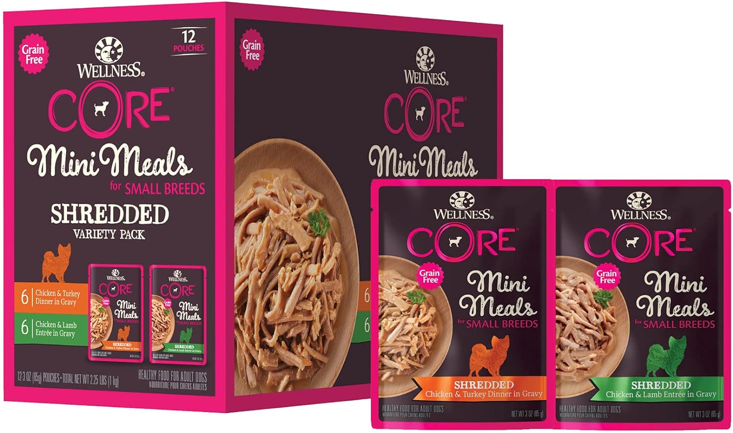 12-Pack 3oz. Wellness Core Natural Grain Free Mini Wet Dog Meal/Pouches 2 for $14 w/ Subscribe & Save + Free S/H