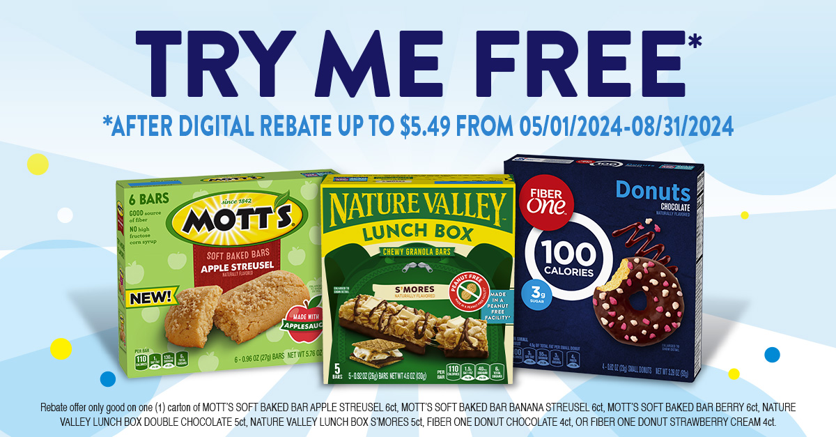 Snacks Try Me Free Offer: Purchase Participating Nature Valley, Mott's or Fiber One Product & Get Up to $5.49 Back/Digital Rebate via PayPal/Venmo (Valid thru 8/31)