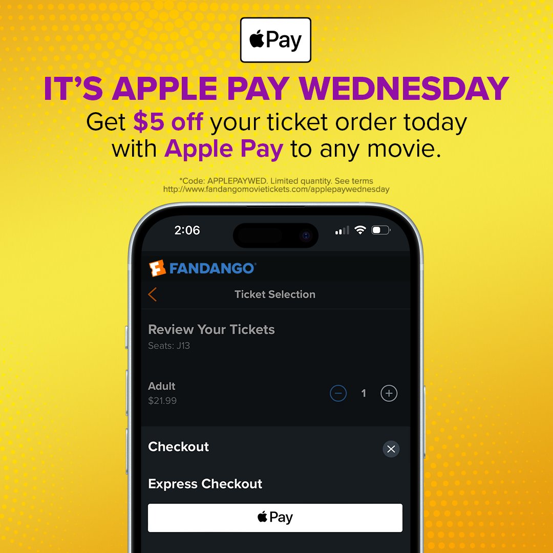 Apple Pay Wednesday 7/10 Offer Any Fandango Movie Ticket Purchase