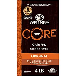 4-Lbs. Wellness Core Natural Grain Free Dry Dog Food (Original Turkey & Chicken) $6.90 w/ Subscribe & Save
