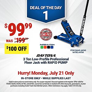 Begins July 21, Harbor Freight 7 Days of deals, New deal each day, Daytona 3 ton Low Profile Car Jack, $99.99, Icon 1k lumen light, $39.99