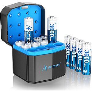 Artman 12-Slot Rechargeable Storage w/ 12-Pack AA 3600mWh Batteries (Blue) .50 + Free S/H