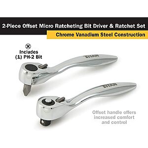 2-Piece Titan Offset Micro Ratcheting Bit Driver Set (Chrome Vanadium Steel) $13.50 