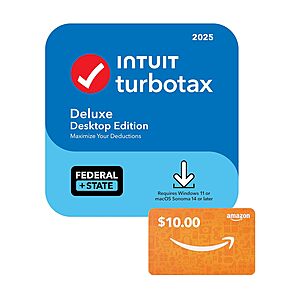 Intuit TurboTax 2025 Tax Software + $10 Amazon Gift Card: Deluxe (Federal+State) $45 & More (PC/Mac Download)