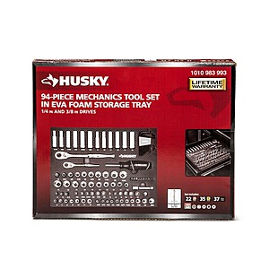94-Piece Husky Mechanics Tool Set in EVA Foam Storage Tray  (1/4" & 3/8" Drives) $50 + Free S/H