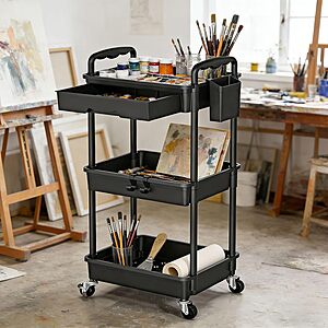Prime Members: 3-Tier Sunally Rolling Storage Cart w/ Drawer (Black or White) $12.85 + Free S&H